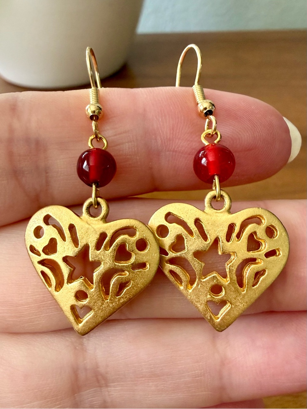 Vintage Matte Goldtone Filigree Heart Dangle Earrings Red Glass Bead Pierced